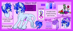 Size: 2500x1074 | Tagged: safe, artist:silentwolf-oficial, oc, oc only, oc:silent wolf, pony, unicorn, bust, female, flower, hoof fluff, horn, leonine tail, mare, reference sheet, unicorn oc