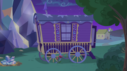 Size: 1280x720 | Tagged: safe, screencap, g4, to where and back again, background, night, no pony, ponyville, scenic ponyville, trixie's wagon, twilight's castle