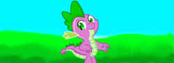 Size: 1051x384 | Tagged: safe, artist:maverickmam, spike, dragon, g4, grass, male, outdoors, smiling, solo