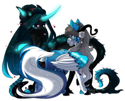 Size: 2726x2200 | Tagged: safe, artist:silentwolf-oficial, oc, oc only, pegasus, pony, unicorn, :p, duo, ethereal mane, flower, flower in hair, glowing horn, glowing wings, high res, horn, looking at each other, pegasus oc, rose, simple background, starry mane, tongue out, transparent background, unicorn oc, wings