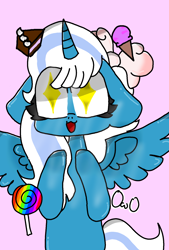 Size: 1200x1770 | Tagged: safe, artist:waffleplayer248, oc, oc only, oc:fleurbelle, alicorn, pony, alicorn oc, bow, cake, candy, female, food, hair bow, horn, ice cream, lollipop, mare, owo, pink background, simple background, solo, starry eyes, wingding eyes, wings