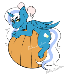 Size: 950x1090 | Tagged: safe, artist:nuka-quantum, oc, oc only, oc:fleurbelle, alicorn, pony, alicorn oc, bow, female, hair bow, horn, looking at you, mare, pumpkin, simple background, smiling, solo, transparent background, wings, yellow eyes