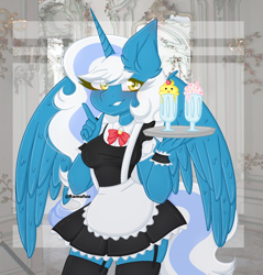Size: 1214x1270 | Tagged: safe, artist:ramufuu, oc, oc only, oc:fleurbelle, alicorn, anthro, alicorn oc, apron, bell, bell collar, blushing, bow, cherry, clothes, collar, cuffs (clothes), ear fluff, female, food, frilly, garter belt, horn, maid, maid headdress, mare, milkshake, serving, serving tray, socks, solo, sprinkles, suspenders, thigh highs, wings, yellow eyes