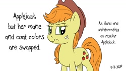 Size: 1200x675 | Tagged: safe, artist:pony-berserker, applejack, earth pony, pony, pony-berserker's twitter sketches, g4, applejack is not amused, female, freckles, green eyes, mare, palette swap, recolor, solo, text, unamused