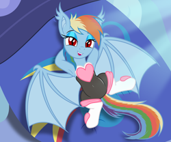 Size: 2680x2226 | Tagged: safe, artist:badumsquish, derpibooru exclusive, rainbow dash, bat pony, pony, g4, arm behind head, armpits, bat ponified, bed, bedroom eyes, belly button, cloud, cute, ear fluff, eyeshadow, fangs, female, fluffy mane, heart, high angle, high res, implied transformation, latex, looking at you, lying down, makeup, moonlight, on back, on bed, race swap, rainbow dash always dresses in style, rainbow dash's house, rainbowbat, red eyes, rouge the bat costume, slit pupils, smiling, solo, sonic the hedgehog (series), species swap, spread legs, spreading, stupid sexy rainbow dash