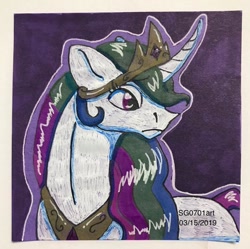 Size: 1080x1075 | Tagged: safe, artist:stargazerseven, princess celestia, alicorn, pony, g4, bust, curved horn, female, horn, jewelry, mare, peytral, solo, tiara, traditional art