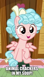 Size: 500x864 | Tagged: safe, edit, edited screencap, screencap, cozy glow, pegasus, pony, g4, marks for effort, animal crackers in my soup, caption, cozybetes, cropped, cute, female, filly, foal, freckles, image macro, looking at you, shirley temple, solo, song reference, stool, text