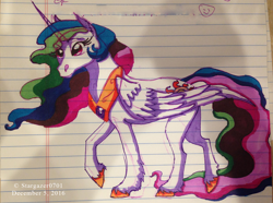 Size: 1560x1160 | Tagged: safe, artist:stargazerseven, princess celestia, alicorn, pony, g4, female, hoof shoes, lined paper, mare, peytral, raised tail, solo, tail, traditional art