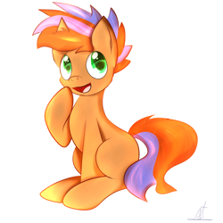 Size: 1400x1400 | Tagged: safe, artist:almaustral, oc, oc only, earth pony, pony, :d, earth pony oc, raised hoof, signature, simple background, sitting, smiling, solo, white background