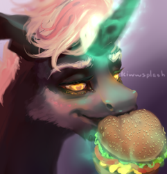 Size: 2800x2900 | Tagged: safe, artist:kiwwsplash, oc, oc only, pony, unicorn, burger, eating, food, glowing horn, heart eyes, high res, horn, magic, signature, solo, telekinesis, unicorn oc, wingding eyes