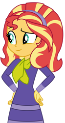 Size: 1024x1924 | Tagged: safe, artist:emeraldblast63, sunset shimmer, equestria girls, g4, clothes, clothes swap, cosplay, costume, daphne blake, dress, scooby-doo!, simple background, solo, transparent background