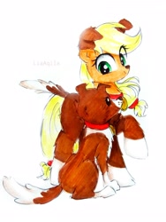 Size: 2289x3051 | Tagged: safe, artist:liaaqila, applejack, winona, dog, earth pony, pony, g4, animal costume, clothes, cosplay, costume, cute, dog costume, high res, hnnng, jackabetes, pet, simple background, traditional art, white background
