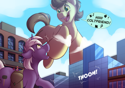 Size: 4093x2894 | Tagged: safe, artist:sugaryviolet, oc, oc only, oc:city sweep, oc:drawbridge, oc:sugary violet, pony, unicorn, building, city, descriptive noise, detailed background, dialogue, duo focus, eyebrows, eyebrows visible through hair, giant earth pony, giant pony, giant unicorn, high res, horn, macro, mega giant, open mouth, raised hoof, size difference, unicorn oc
