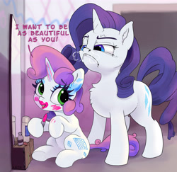 Size: 5000x4864 | Tagged: safe, artist:xbi, rarity, sweetie belle, pony, unicorn, g4, applying makeup, blank flank, chest fluff, cute, diasweetes, duo, ear fluff, fake cutie mark, female, filly, foal, heavy makeup, horn, horses doing horse things, horses doing human things, lipstick, looking down, makeup, mare, mirror, rarity is not amused, sitting, snorting, tabun art-battle finished after, this will not end well, unamused