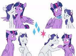 Size: 5937x4368 | Tagged: safe, artist:chub-wub, rarity, twilight sparkle, alicorn, pony, unicorn, g4, alternate hairstyle, bedroom eyes, blushing, bowtie, cheek kiss, dusk shine, ear piercing, earring, elusive, eyes closed, eyeshadow, female, gay, glowing horn, half r63 shipping, holding hooves, hoof hold, horn, jewelry, kissing, lesbian, magic, makeup, male, mare, missing cutie mark, one eye closed, open mouth, piercing, raised hoof, rule 63, ship:elushine, ship:rarilight, ship:rarishine, ship:twilusive, shipping, simple background, sitting, stallion, straight, twilight sparkle (alicorn), white background, wink