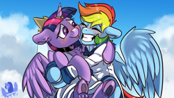 Size: 3840x2160 | Tagged: safe, artist:brainiac, derpibooru exclusive, rainbow dash, twilight sparkle, alicorn, pony, g4, chest fluff, collar, female, high res, lesbian, ship:twidash, shipping, twilight sparkle (alicorn)