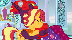 Size: 1918x1080 | Tagged: safe, artist:徐詩珮, fizzlepop berrytwist, sunset shimmer, tempest shadow, alicorn, pony, unicorn, series:sprglitemplight diary, series:sprglitemplight life jacket days, series:springshadowdrops diary, series:springshadowdrops life jacket days, g4, alicornified, alternate universe, clothes, eyes closed, female, lifejacket, marshall (paw patrol), older, older sunset, older tempest shadow, paw patrol, race swap, tempesticorn