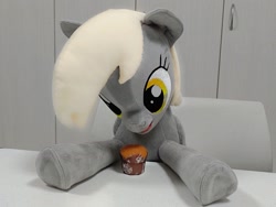 Size: 2048x1536 | Tagged: safe, artist:nekokevin, derpy hooves, pegasus, pony, g4, cute, derpabetes, female, food, frog (hoof), irl, looking down, mare, muffin, open mouth, photo, plushie, sitting, smiling, solo, underhoof