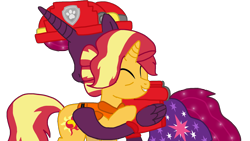 Size: 1918x1080 | Tagged: safe, artist:徐詩珮, fizzlepop berrytwist, sunset shimmer, tempest shadow, alicorn, pony, series:sprglitemplight diary, series:sprglitemplight life jacket days, series:springshadowdrops diary, series:springshadowdrops life jacket days, g4, alicornified, alternate universe, clothes, female, lifejacket, marshall (paw patrol), older, older sunset, older tempest shadow, paw patrol, race swap, simple background, tempesticorn, transparent background