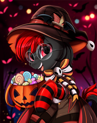 Size: 2550x3209 | Tagged: safe, artist:pridark, part of a set, oc, oc only, oc:lucille, earth pony, pony, clothes, commission, female, halloween, hat, high res, holiday, jack-o-lantern, mare, open mouth, pumpkin, red eyes, socks, solo, striped socks, witch hat, ych result