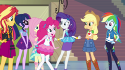 Size: 1920x1080 | Tagged: safe, screencap, applejack, fluttershy, pinkie pie, rainbow dash, rarity, sci-twi, sunset shimmer, twilight sparkle, equestria girls, fluttershy's butterflies, g4, my little pony equestria girls: better together, my little pony equestria girls: choose your own ending, applejack's hat, bracelet, clothes, cowboy hat, crossed arms, denim skirt, geode of empathy, geode of shielding, geode of sugar bombs, geode of super speed, geode of super strength, geode of telekinesis, glasses, hand on hip, hat, hoodie, humane five, humane seven, humane six, jacket, jewelry, leather, leather jacket, magical geodes, rah rah skirt, rarity peplum dress, skirt, tank top