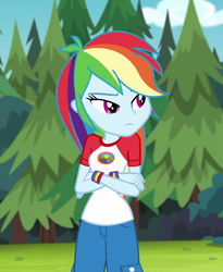 Size: 824x1006 | Tagged: safe, screencap, rainbow dash, equestria girls, g4, my little pony equestria girls: legend of everfree, camp everfree outfits, capri pants, clothes, cropped, crossed arms, cute, dashabetes, female, frown, sad, shirt, solo, t-shirt