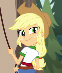 Size: 886x1046 | Tagged: safe, screencap, applejack, equestria girls, g4, my little pony equestria girls: legend of everfree, camp everfree outfits, climbing harness, cropped, cute, female, jackabetes, looking back, smiling, smirk, solo