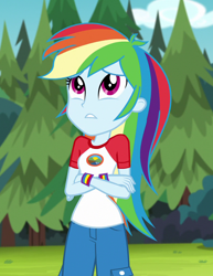 Size: 782x1014 | Tagged: safe, screencap, rainbow dash, equestria girls, g4, my little pony equestria girls: legend of everfree, camp everfree outfits, capri pants, clothes, cropped, crossed arms, cute, dashabetes, female, sad, shirt, solo, t-shirt