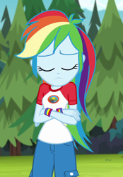 Size: 680x976 | Tagged: safe, screencap, rainbow dash, equestria girls, g4, my little pony equestria girls: legend of everfree, camp everfree outfits, capri pants, clothes, cropped, crossed arms, cute, dashabetes, eyes closed, female, sad, shirt, solo, t-shirt