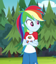 Size: 902x1030 | Tagged: safe, screencap, rainbow dash, equestria girls, g4, my little pony equestria girls: legend of everfree, camp everfree outfits, capri pants, clothes, cropped, crossed arms, cute, dashabetes, female, shirt, solo, t-shirt