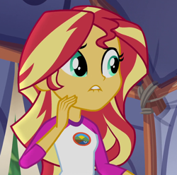 Size: 1052x1044 | Tagged: safe, screencap, sunset shimmer, equestria girls, g4, my little pony equestria girls: legend of everfree, camp everfree outfits, cropped, female, lip bite, solo
