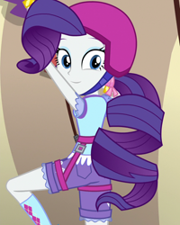 Size: 864x1080 | Tagged: safe, edit, edited screencap, editor:mycarhasamoustache, screencap, rarity, equestria girls, g4, my little pony equestria girls: legend of everfree, alternate hairstyle, camp everfree outfits, cropped, female, harness, helmet, looking at you, ponytail, smile edit, solo