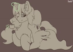Size: 2048x1448 | Tagged: safe, artist:avery-valentine, bat pony, pony, unicorn, chest fluff, cup, eyes closed, female, floppy ears, magic, male, mare, simple background, sketch, stallion