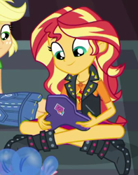 Size: 254x322 | Tagged: safe, screencap, applejack, sunset shimmer, equestria girls, g4, my little pony equestria girls: better together, the finals countdown, boots, clothes, cropped, crossed legs, cute, denim skirt, geode of empathy, jacket, leather, leather jacket, magical geodes, offscreen character, shimmerbetes, shoes, skirt