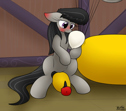 Size: 2244x1977 | Tagged: safe, artist:the-furry-railfan, octavia melody, earth pony, pony, fanfic:a prim party planner's puffy predicament, g4, balloon, blushing, ear blush, fanfic art, female, helium tank, indoors, sitting, solo, story included, this will end in balloons, vinyl and octavia's home