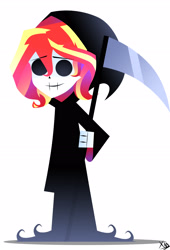 Size: 1820x2683 | Tagged: safe, artist:xan-gelx, sunset shimmer, equestria girls, g4, bone, clothes, costume, grim reaper, halloween, halloween costume, holiday, scythe, simple background, skull, smiling, white background