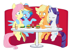 Size: 5068x3458 | Tagged: safe, artist:chub-wub, applejack, fluttershy, rainbow dash, rarity, earth pony, pegasus, pony, unicorn, g4, alternate hairstyle, bowl, burger, chest fluff, date, double date, drink, female, food, freckles, glass, glowing horn, hay burger, horn, hug, lesbian, lettuce, levitation, magic, mare, open mouth, plate, raised hoof, salad, seat, ship:flutterdash, ship:rarijack, shipping, simple background, soda, soup, spoon, straw, table, telekinesis, tomato, transparent background