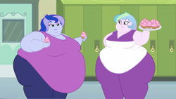 Size: 2560x1440 | Tagged: safe, artist:neongothic, princess celestia, princess luna, principal celestia, vice principal luna, equestria girls, g4, bbw, belly, big belly, big breasts, bingo wings, breasts, busty princess celestia, busty princess luna, chubby cheeks, chubbylestia, cleavage, cupcake, double chin, fat, fat boobs, female, food, huge belly, impossibly large belly, morbidly obese, obese, princess moonpig, principal chubbylestia, ssbbw, thighs, thunder thighs, vice principal moonpig, weight gain
