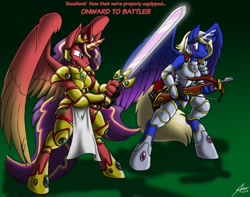 Size: 1280x1010 | Tagged: safe, artist:catmonkshiro, oc, oc only, oc:gracious heart, oc:princess hotcakes, oc:radiant hotcakes, alicorn, anthro, unguligrade anthro, alicorn oc, armor, bow, breasts, dialogue, digital art, duo, female, horn, loincloth, male, sword, tail, text, weapon, wings