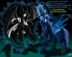 Size: 1280x1011 | Tagged: safe, artist:catmonkshiro, oc, oc only, changeling, original species, rubber pony, blue changeling, changeling oc, clothes, dialogue, digital art, duo, furry, furry oc, glowing horn, horn, implied princess luna, lab coat, magic, magic aura, offscreen character, rubber, tail, text, transformation, wings