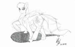Size: 800x507 | Tagged: safe, artist:bluefantasy, octavia melody, earth pony, pony, g4, cello, female, lineart, mare, musical instrument, obtrusive watermark, raised hoof, shadow, signature, sketch, solo, traditional art, watermark