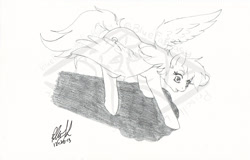 Size: 800x512 | Tagged: safe, artist:bluefantasy, derpy hooves, pegasus, pony, g4, derp, female, food, lineart, mare, muffin, obtrusive watermark, shadow, sketch, smiling, solo, spread wings, traditional art, watermark, wings