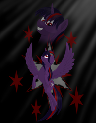 Size: 1497x1920 | Tagged: safe, artist:nebulastar985, oc, oc:midnight star, alicorn, pony, fanfic:midnight star, alicorn oc, bust, fanfic, fanfic art, fanfic cover, female, flying, grin, horn, looking up, mare, not brutalight sparcake, not twilight sparkle, not twivine sparkle, smiling, wings