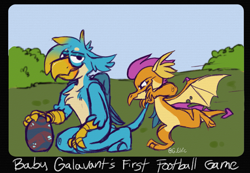 Size: 1907x1318 | Tagged: safe, artist:g-elric, gallus, smolder, dragon, griffon, hybrid, g4, bad parenting, charlie brown, crossover, don't kick the damn baby, dragoness, egg, female, interspecies offspring, kick the baby, male, offspring, parent:gallus, parent:smolder, parents:smollus, parody, peanuts (comic), shipping, smollus, straight, wings