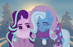 Size: 3543x2279 | Tagged: safe, artist:macyw, starlight glimmer, trixie, pony, unicorn, g4, clothes, couple, cute, eyes closed, female, forest, high res, lesbian, mare, morning, scarf, ship:startrix, shipping, smiling, snow, thick eyebrows, walking, winter, winter outfit