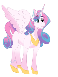 Size: 1194x1593 | Tagged: safe, artist:doodlebugdraws, princess flurry heart, alicorn, pony, g4, blank flank, colored wings, colored wingtips, eye clipping through hair, female, hoof shoes, horn, mare, older, older flurry heart, peytral, simple background, smiling, solo, spread wings, white background, wings