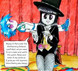 Size: 938x852 | Tagged: safe, artist:liaaqila, dj pon-3, octavia melody, vinyl scratch, equestria girls, g4, clothes, commission, cute, fourth wall, hat, hypnosis, hypnotist, hypnotized, levitated, levitation, magic, magician, magician outfit, pendulum swing, pocket watch, speech bubble, stage hypnosis, stage show, swirly eyes, talking, tavibetes, telekinesis, top hat, traditional art, tuxedo, viewer, volunteer