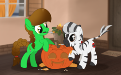 Size: 2325x1448 | Tagged: safe, artist:dyonys, oc, oc:lucky brush, oc:nik, earth pony, pony, zebra, bipedal, braid, carving, chibi, freckles, halloween, holiday, jack-o-lantern, knife, looking at each other, mouth hold, pumpkin, raised hoof, smiling