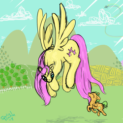 Size: 1000x1000 | Tagged: safe, artist:spatialheather, fluttershy, rainbow dash, oc, oc:applebutter, pegasus, pony, g4, biting, colt, duo focus, female, flying, flying lesson, foal, male, mare, mother and child, mother and son, offspring, parent:big macintosh, parent:fluttershy, parents:fluttermac, tail bite