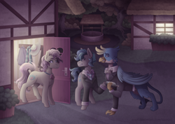 Size: 4960x3507 | Tagged: safe, artist:monnarcha, gallus, high tide (g4), sandbar, earth pony, griffon, pony, g4, absurd resolution, clothes, commission, date, door, fanfic art, female, gay, house, implied gallbar, male, mother and child, mother and son, ponyville, ship:gallbar, shipping, suit, teenager, well